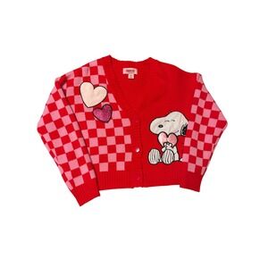 Peanuts Snoopy Red Pink Checkered Heart Cardigan Sweater Womens XS Valentine Day